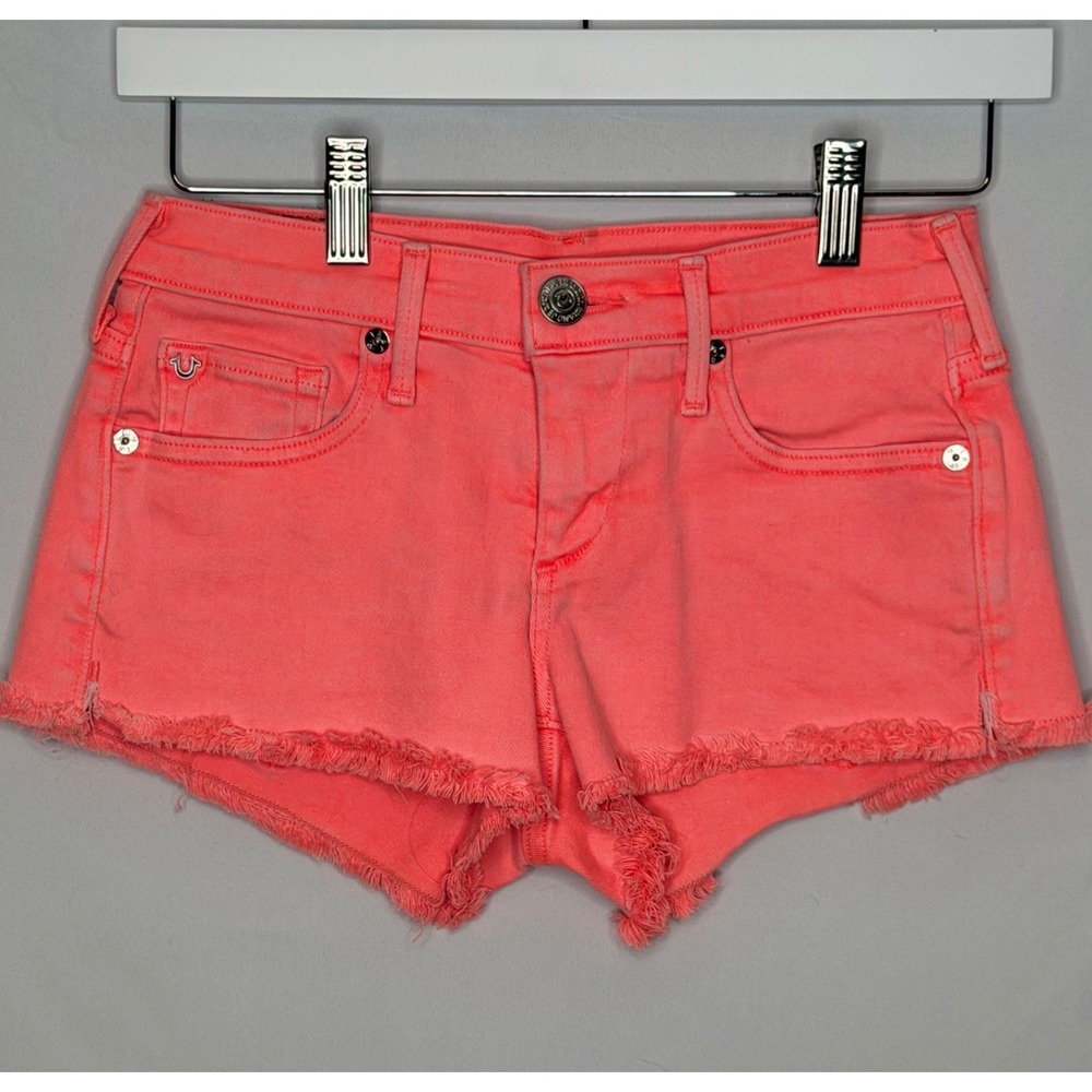 True Religion Joey Coral Pink Frayed Cut Off Denim Shorts Women's 25 USA Y2K